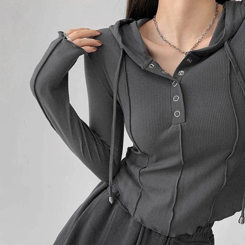 Slim Hoodie Grey Short Top High Waist Navel Exposed American Hottie Pure Desire Pressed Pleated Long Sleeve Thin T-shirt