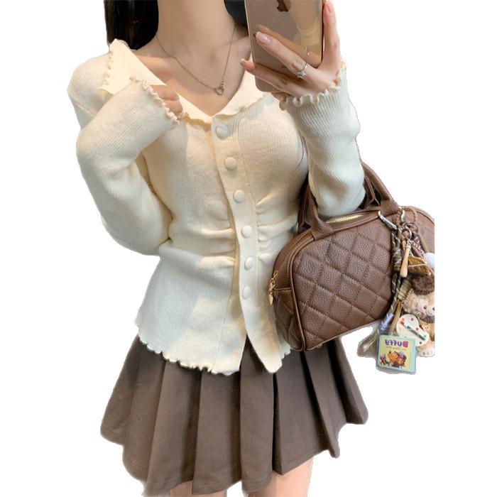 Core-spun Yarn Washing Water, Korean Lapel Fungus Edge Soft Waxy Knitted Cardigan Women's New Inner Versatile