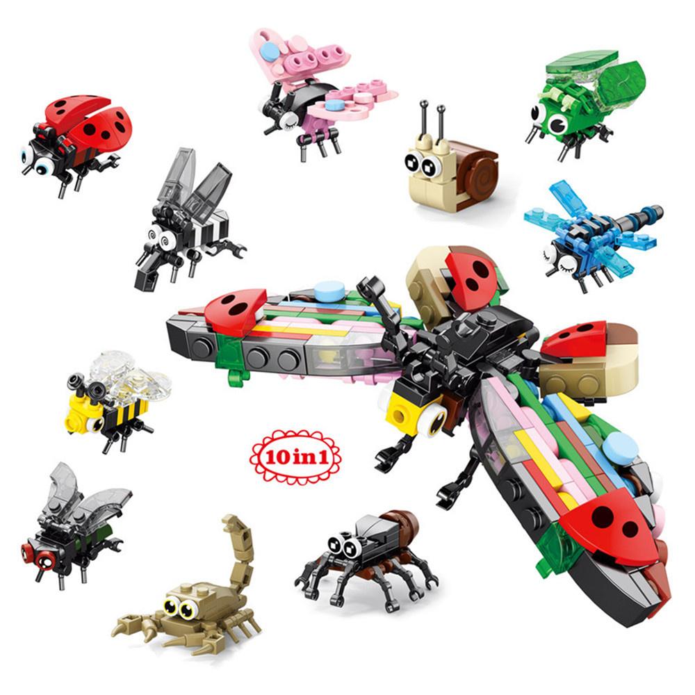 Animals World Insect Fish Bird Dog Elephant Panda Giraffe Honeybee 10 In 1 Building Blocks Kit Bricks Model Kids Toy Children