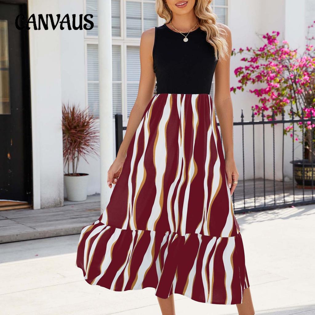 Summer Round Neck Vest Waisted Clashing Women's Dress