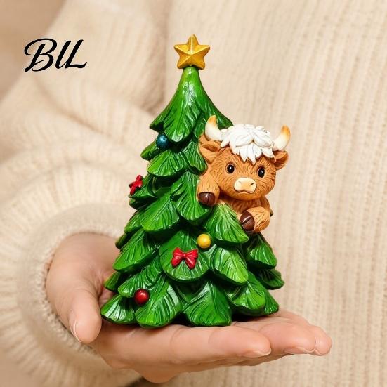 Festive Room Decorations Christmas Highland Cow Stocking Figurine, Xmas Tree Cattle Resin Desktop Decor Statue, Animal Sculpture for Holiday