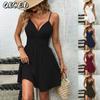 Fashion Summer Spring Solid Color Print V-Neck Sleeveless  Casual Dresses