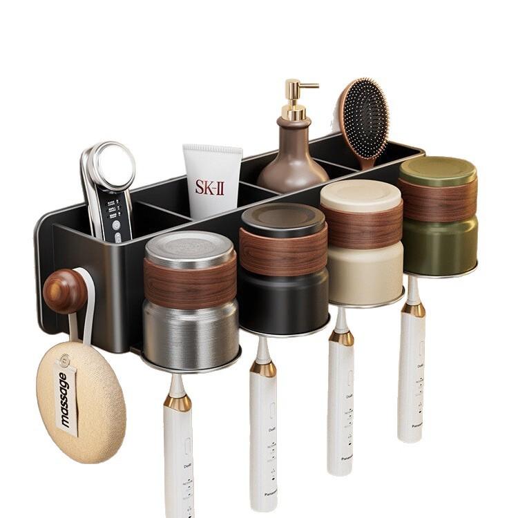 Medieval Style Toothbrush Shelf Wall-Mounted Non-Punching Bathroom Stainless Steel Washing Mouthwash Cup Storage Toothbrush Shelf