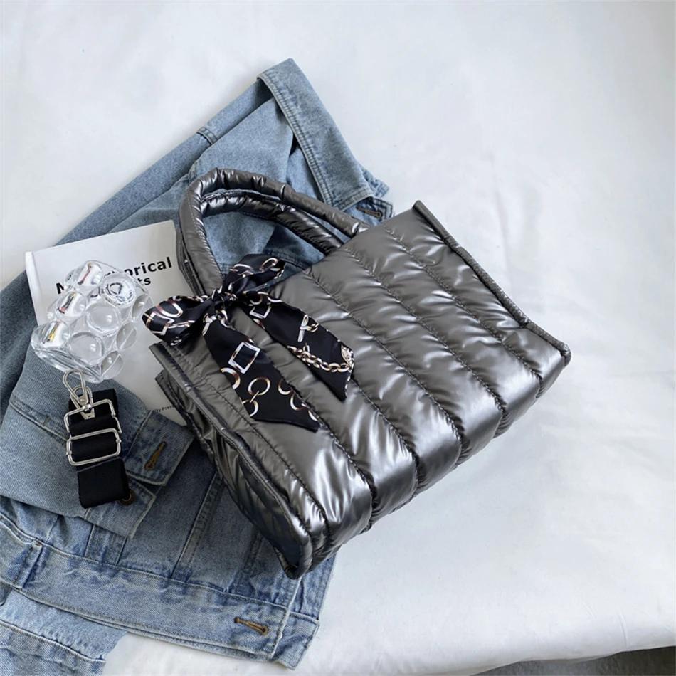 Elegant Women's Totes Bags with Silk Scarf Accent Winter Quilted Crossbody Bags for Women Casual Solid Color Padded Shoulder Bag