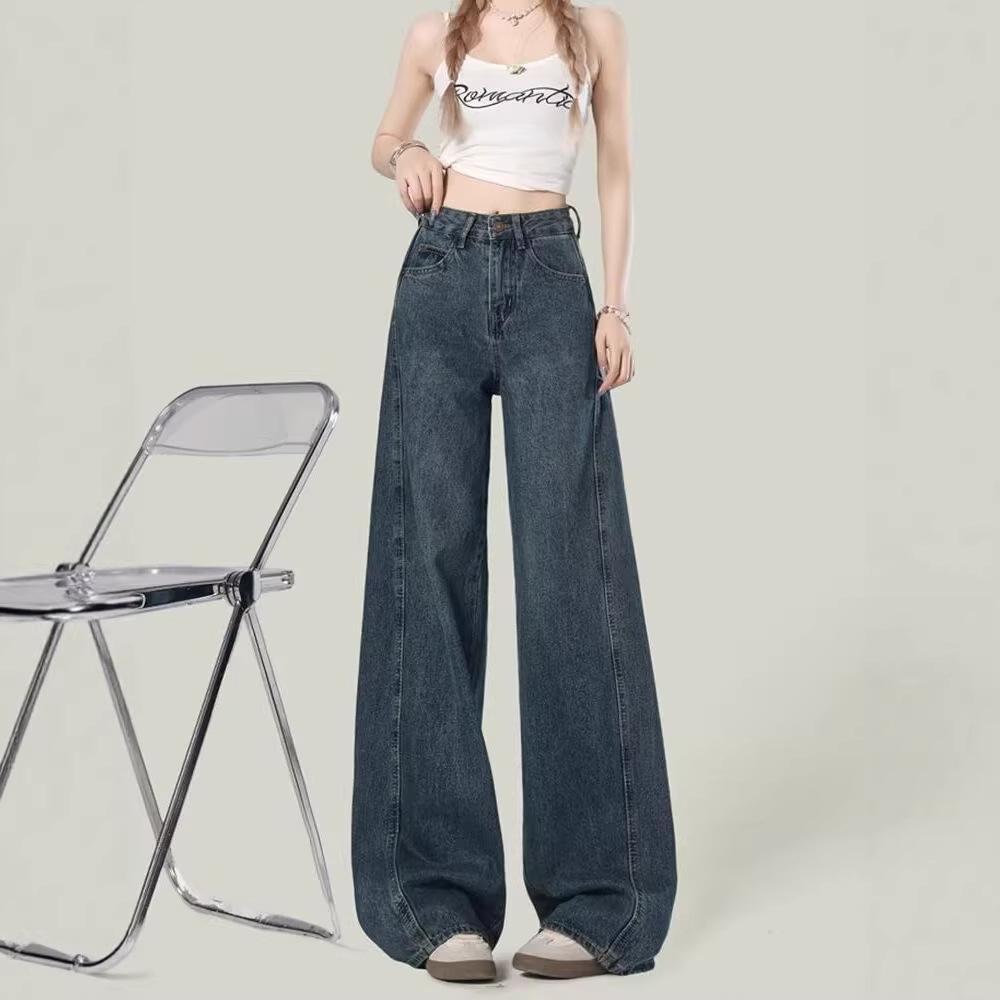 Women's Elastic High-Waisted Wide-Leg Jeans 2026 - Slimming Petite Floor-Length Straight Pants for Spring/Autumn