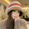 All Match Color Blocked Knitted Fisherman Hat Korean Outdoor Windproof and Warm Wool Hat Showing Face Small Basin Hat