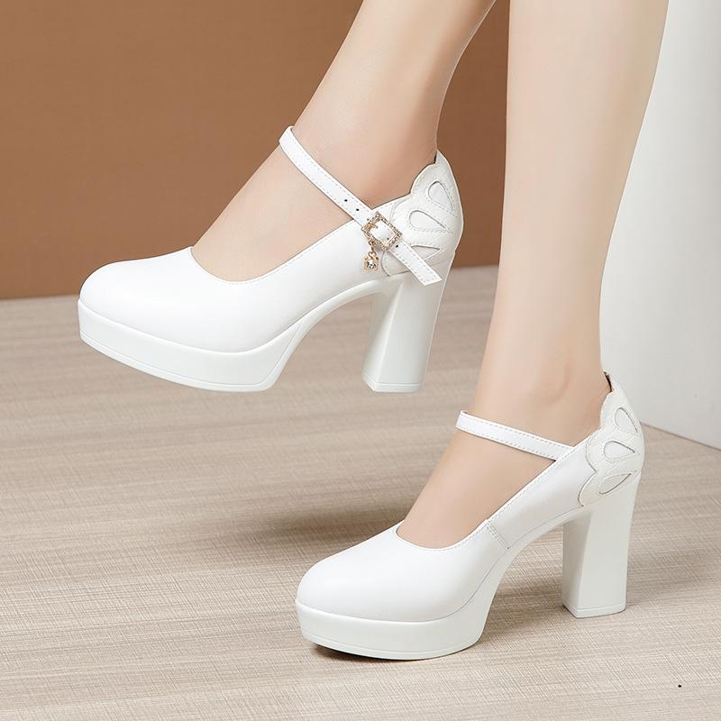 Plus Size 32-43 Genuine Leather Shoes Round Toe Woman Platform Pumps Women's Chunky Heel High Heels Office Black Work Shoes
