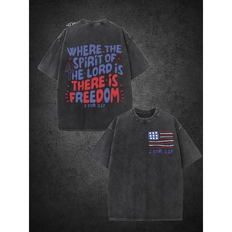 Men'S Short-Sleeve Shirt Made of Washed Featuring an American Flag Design And Religious Motifs, Double-Sided Retro Street Style Printing