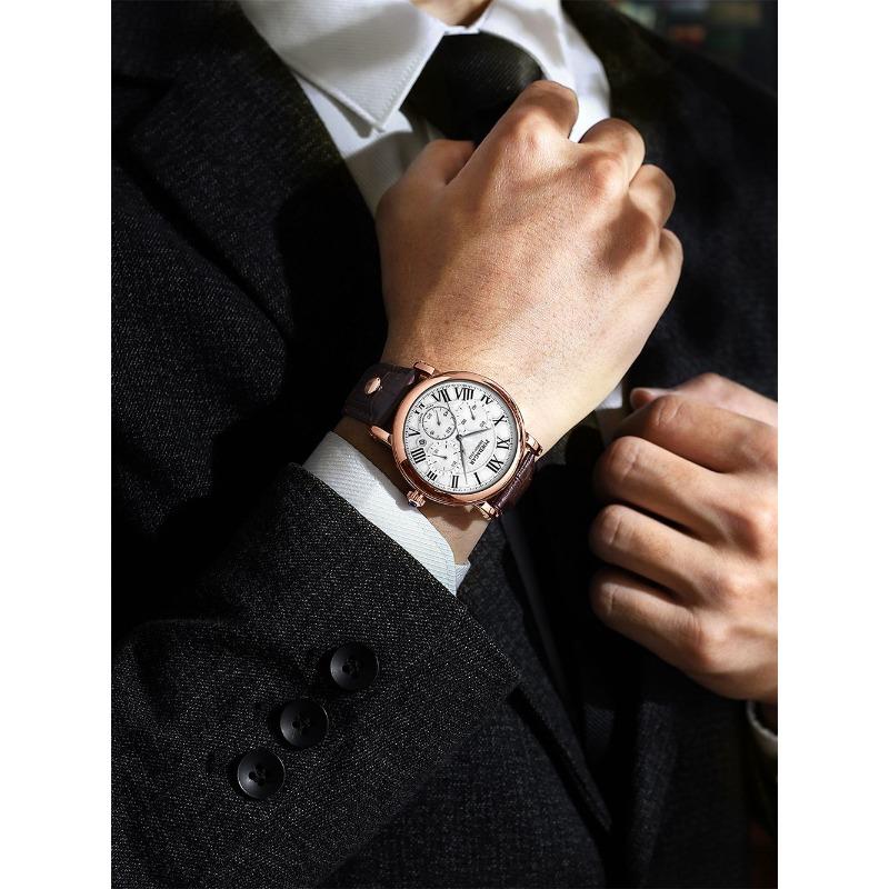 POEDAGAR Men Watch Fashion Chronograph Leather Quartz Watches Waterproof Luminous Sport Sport Wristwatch Six Needle Watch