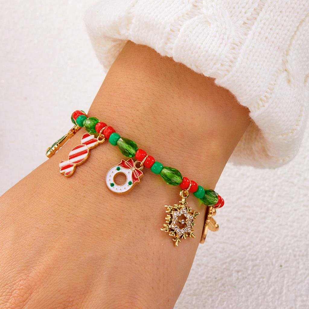 Christmas Snowflake Snowman Deer Tree Gingerbread Crutch Bell Wreath Pendant Crystal Rice Beaded Bracelets For Women Men Jewelry
