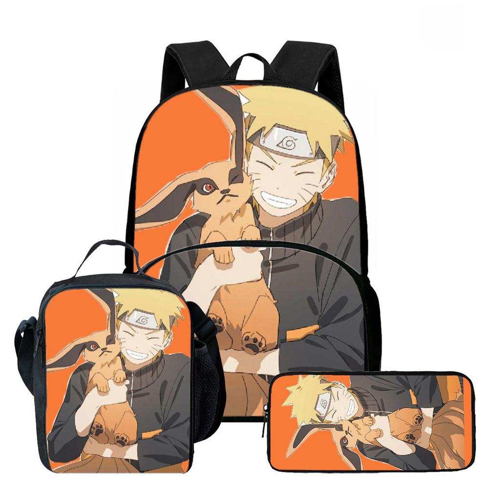 NARUTO Cartoon 3Pcs School Kit Durable Lightweight Backpack Front Pocket Lunch Bag Pencil Pouch For Kids Boys Girls Age 5-10