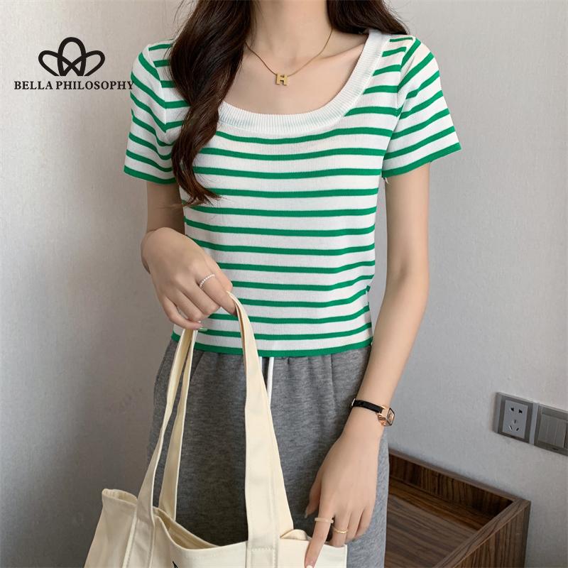 Summer New All-match Striped Square Collar Slim-fit Sweater Short-sleeved Women's Top Fashion Casual T-shirt