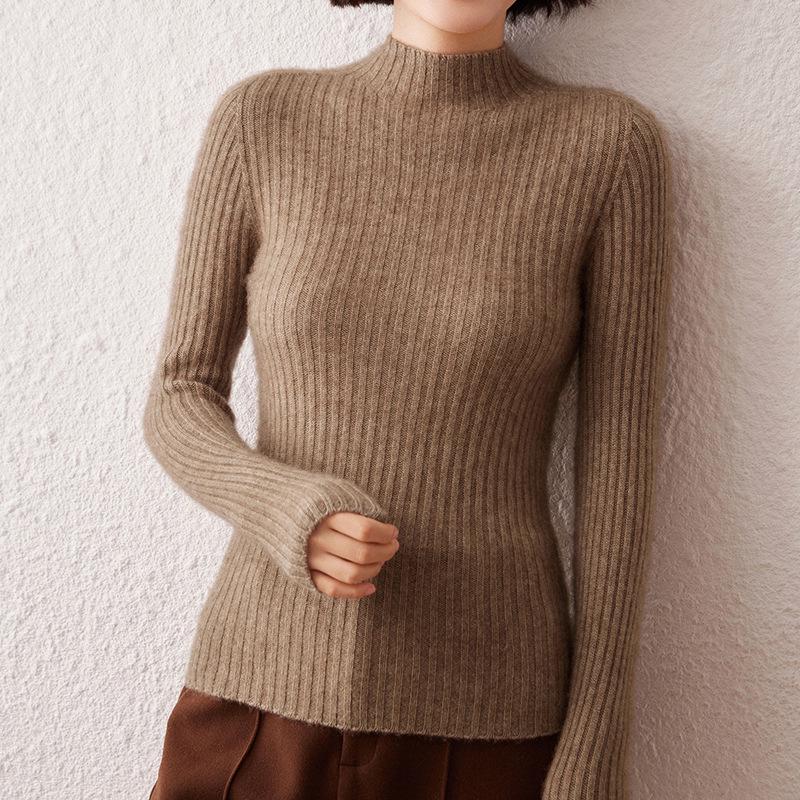 Women's Striped Cashmere Sweater - Autumn/Winter, Half-High Neck, Slim-Fit, Knitted Base Layer