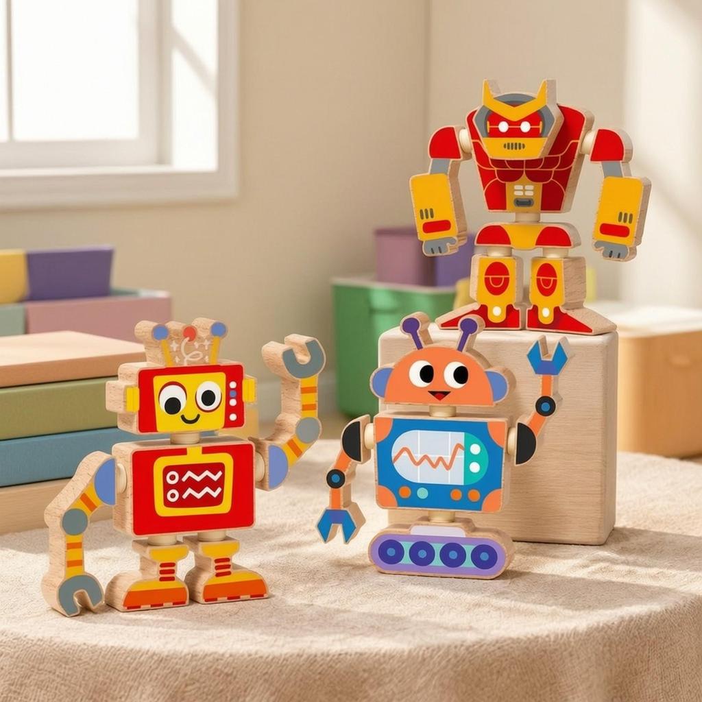 3 Pieces 3D Robot Construction Toy Articulated Wooden Building Kit