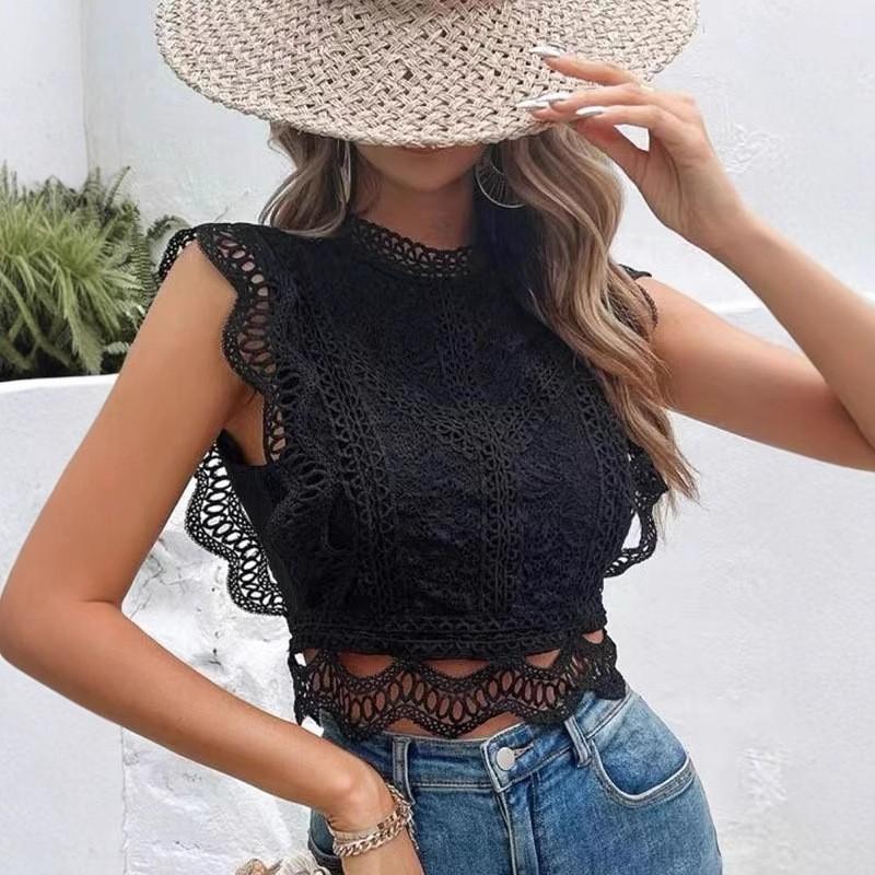 Women Sexy Hollow Out Solid Geometric Lace Cropped Chiffon Blouse S чёрный