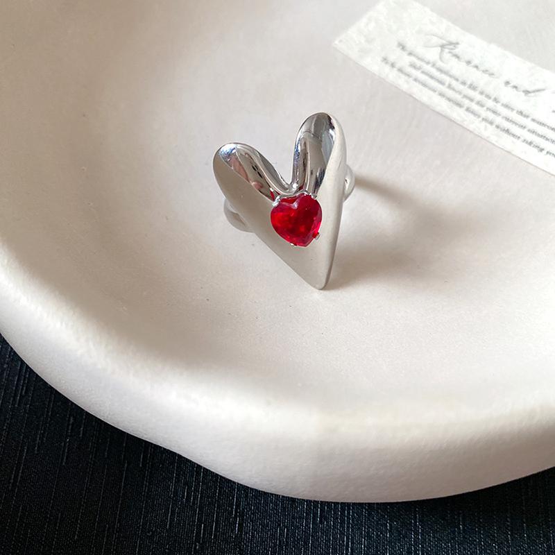 Red Zircon Smooth Heart-Shaped Open Ring Simple  Finger Rings Jewelry For Women