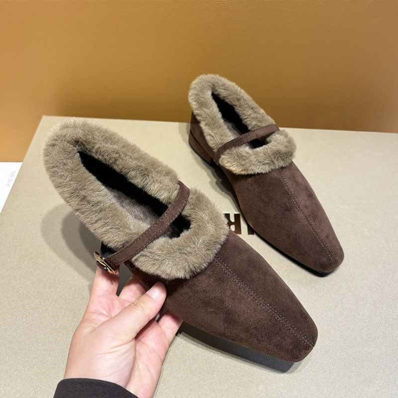 Elegant Mary Janes Woman Chic Brand Design Fur Low Heel Dress Shoe Ladies Winter Warm Plush Belt Pump Women Fur Shoes with Heels