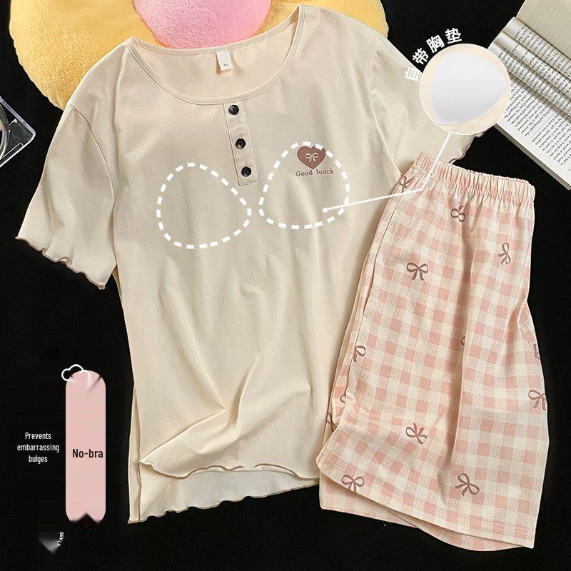 2026 New Style Women's Summer Cotton Pajama Set with Built-in Bra: Round Neck, Short Sleeves, Shorts, Sweet Casual Loungewear