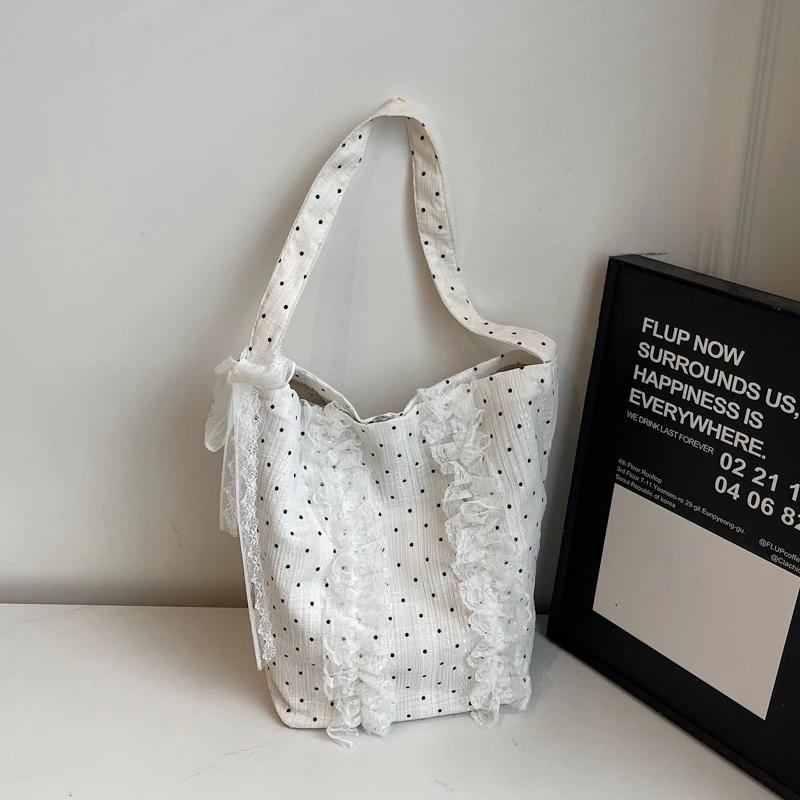 

Sweet and Western Canvas Bag for Women Bucket Bag New Summer Style Wave Point Tote Large Capacity Versatile Single Shoulder