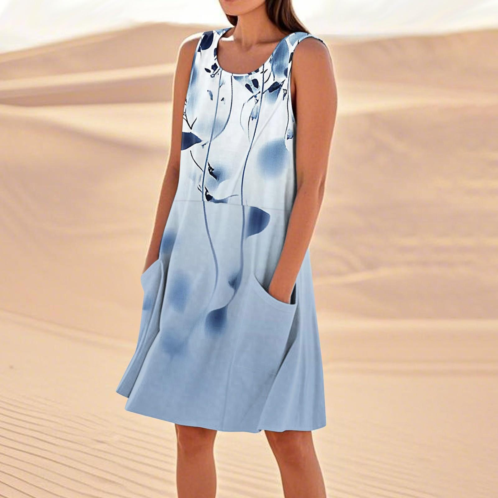 

Print Dresses For Women Loose Beach Vacation Casual Sleeveless Sundresses With Pockets Tank Dress M синій