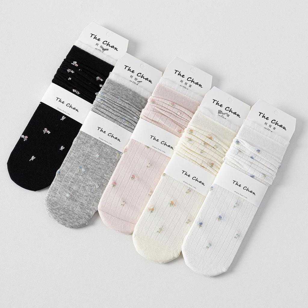 Women's Spring & Summer Korean-Style Floral Lace Trim Slouch Socks - Mid-Calf, Seamless, Thin