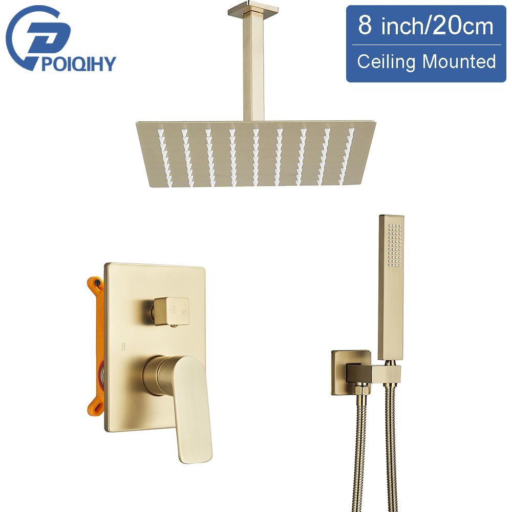 POIQIHY Brushed Golden Shower Faucets Wall Mount Concealed Shower Set Rainfall Bath Shower Mixers 2 Ways Bathroom Mixer Tap
