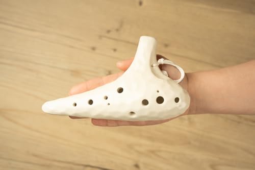 TNG Ocarina [Alto/C/AC / 12-Hole / Emerald] High-Quality Ocarina for Tube Play (Includes Strap) Glazed Finish with Ocean Wave Pattern (White)
