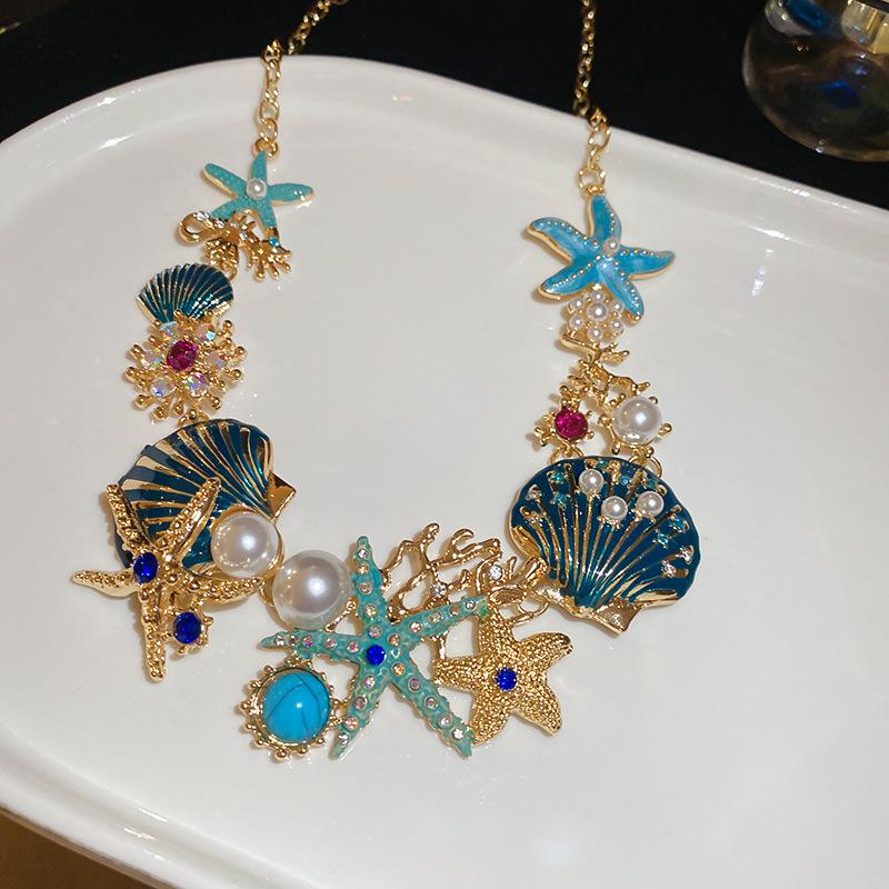 Dripping Starfish Shell Coral Stud Earrings Necklace Versatile Clavicle Chain Set