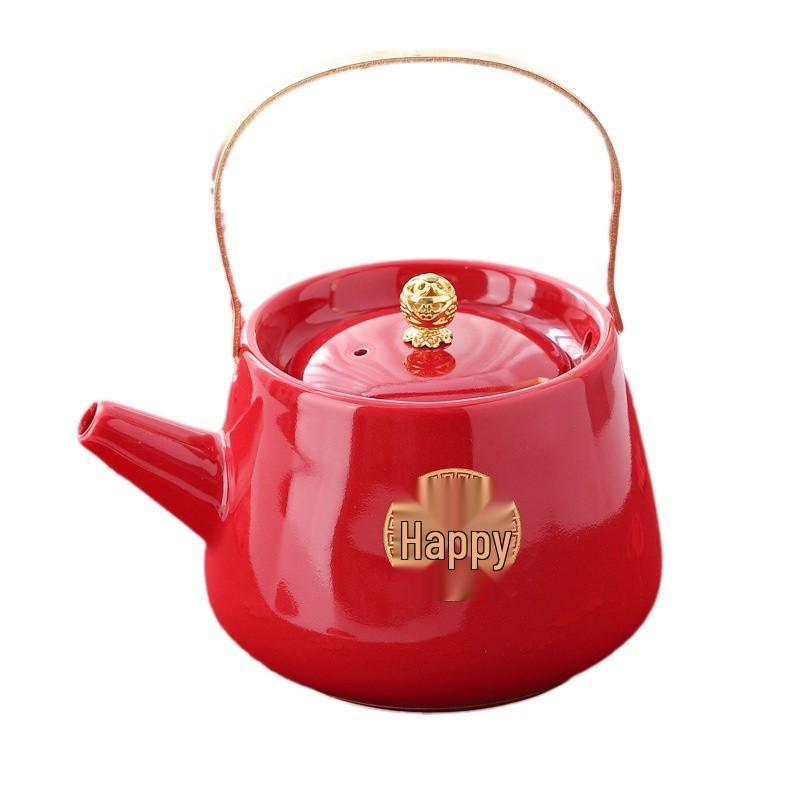 Red Ceramic Wedding Teapot & Water Cup Set - Festive Large-Handled Pot for Banquet and Dowry