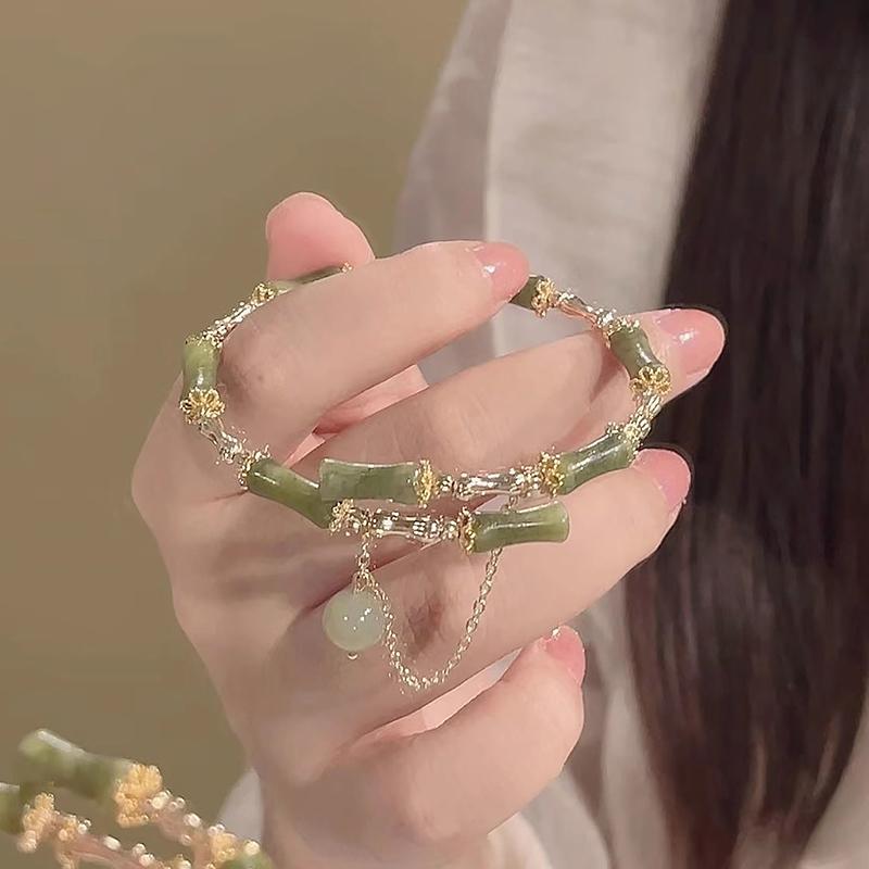 Chinese Style Retro Green Bamboo Joint Beaded Bracelet For Women'S Fashion Unique Exquisite Charm Bracelet Jewelry Gift