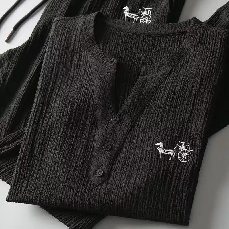 2024 Men's Chinese Style Embroidered Summer Sports Suit, V-Neck, Slim Casual Two-Piece