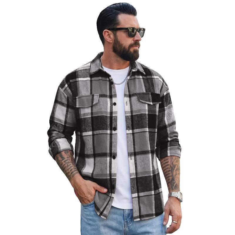 Herren Flanellhemden Lässig Button-Down Karomuster Hemdjacke Langarmhemden mit Taschen Normale Passform Arbeitshemd Outfit für Männer