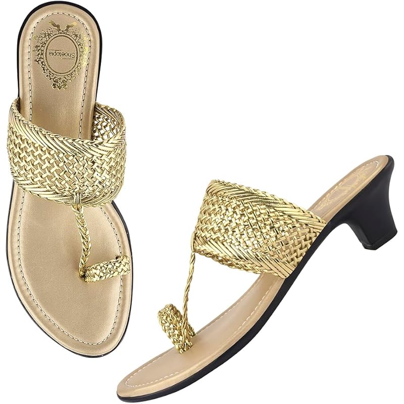 Shoetopia Classic Heeled Golden Kolhapuri For Women /Eu40