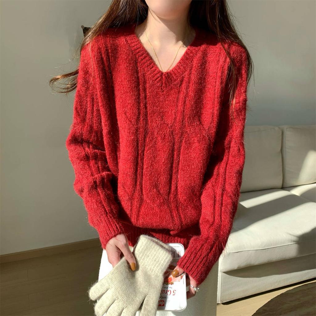 Soft waxy twist collar knitted sweater women's autumn and winter warm casual loose and thin lazy style top with base inside