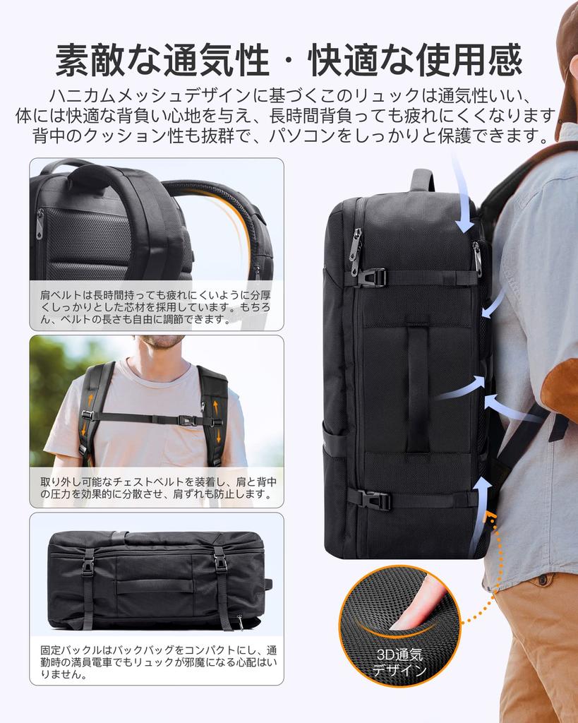 [Inateck] 42L Large Capacity Travel Backpack, Business Carry-On Luggage, 15.6 Inch PC Bag, Water Repellent Fabric, Hand Luggage, Multifunctional,