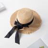 Korean version of elegant flat-top raffia straw hat for women's summer small fresh bow holiday beach big-brimmed sun hat