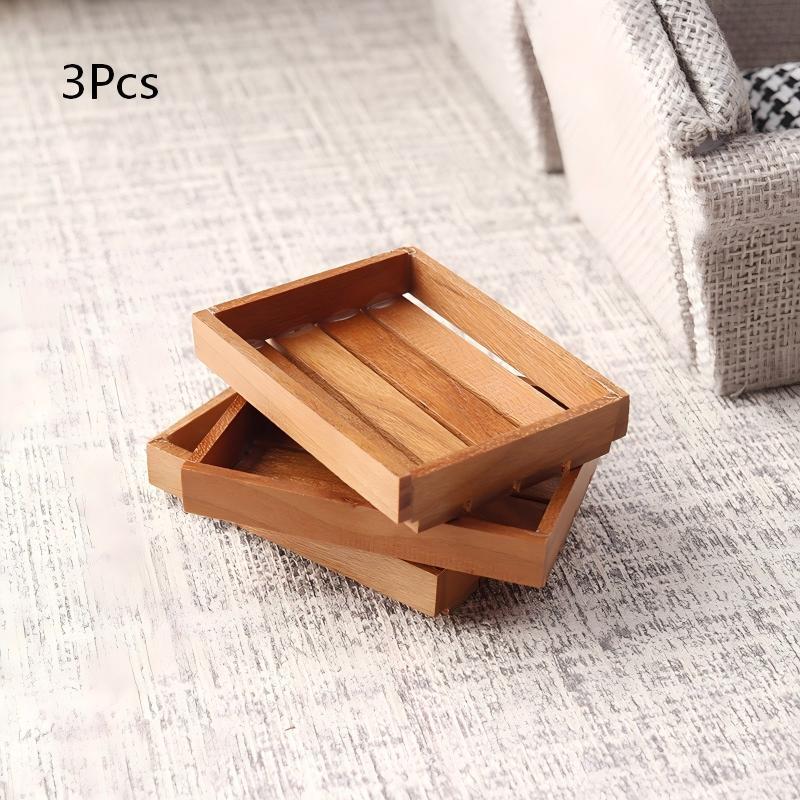 3Pcs Mini Wooden Slatted Tray,1:12 Dollhouse Miniature Crate for Doll Kitchen Decor & Crafts