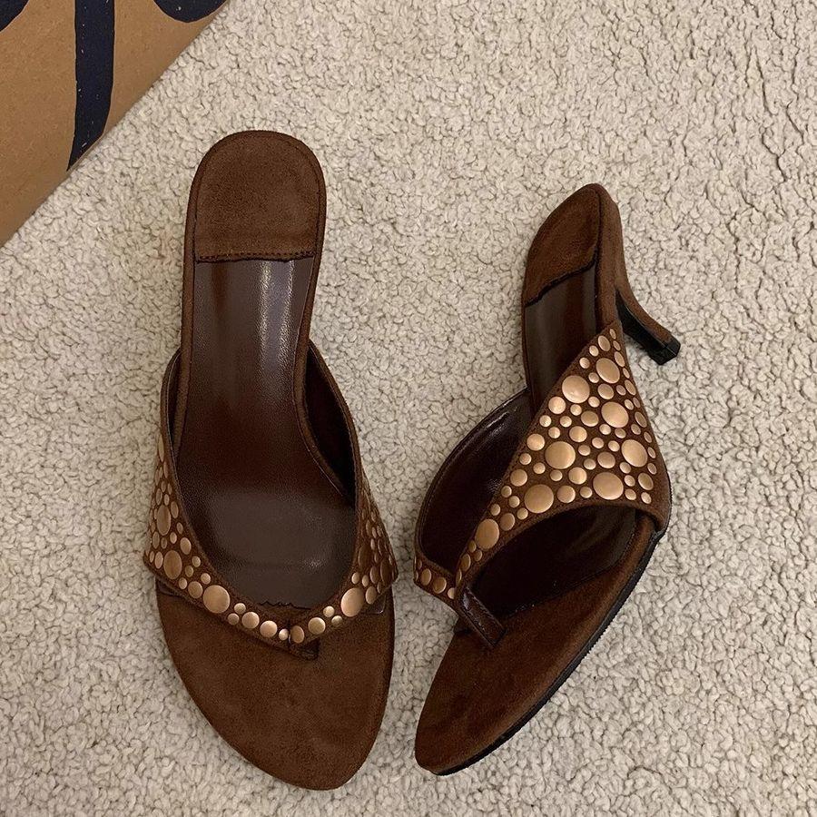 2026Women's Slippers Summer Vintage Rivets Clip Toe Designer High Heel Slippers Fashion Suede Outdoor Sexy Flip Flop Party