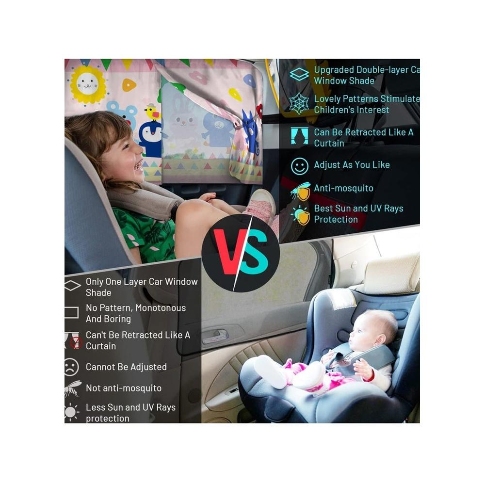 Car Window Shade for Baby Magnetic Double Layer Car Sun Shade for Side Windows Full Shade and Half Shade Options Cartoon Patterns Car Window Curtain