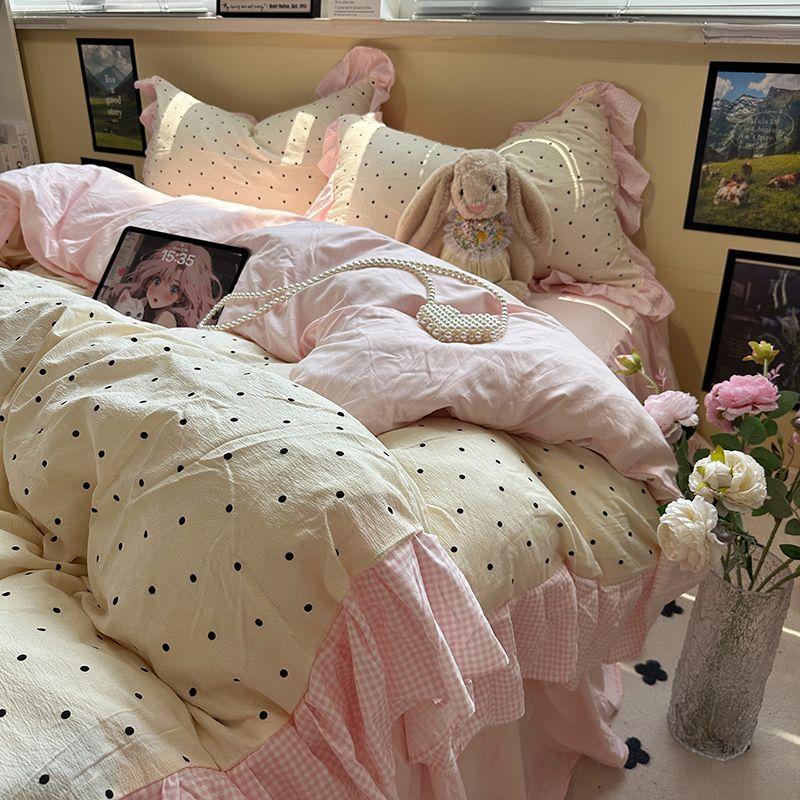 Korean Bedding Set Luxury Quilt Cover Pillowcase Flat Bed Sheet Skirt Fitted Sheet Girl Princess Ruffle Home Textile Christmas