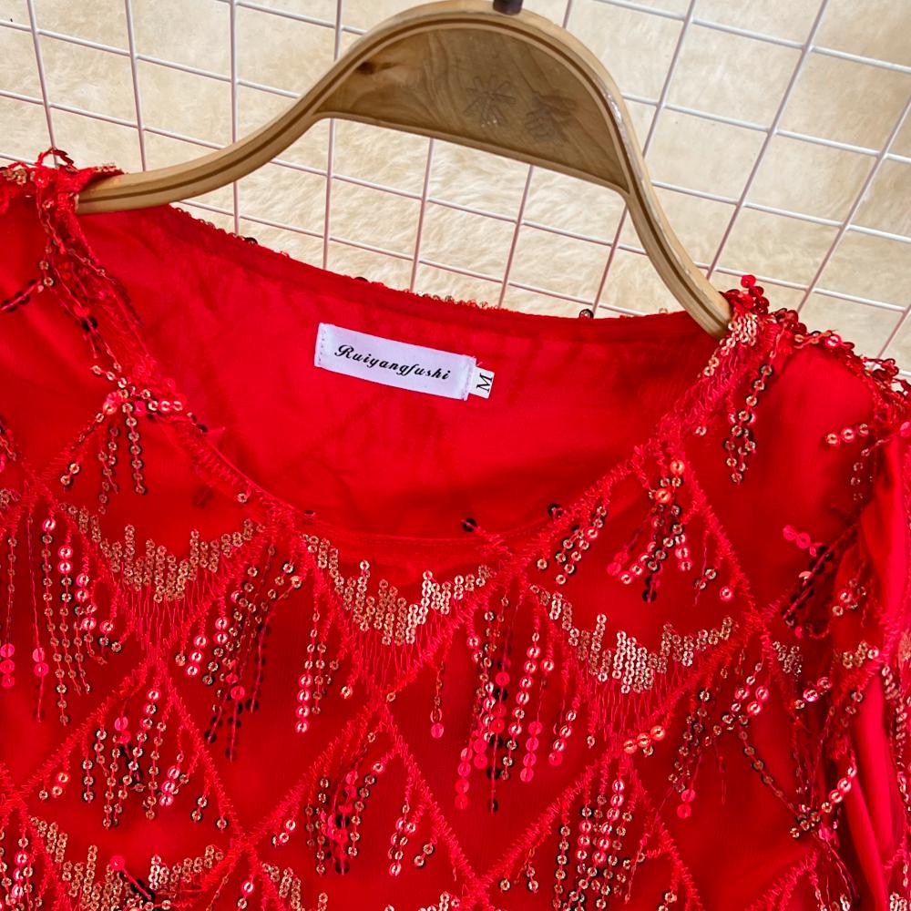 Elegant Summer A-line Sequin Tassel Dress - Short Sleeve, Round Neck, Loose Fit