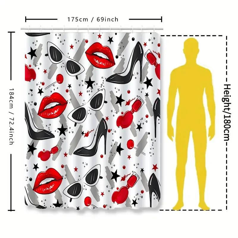 Stylish Personalized Shower Curtain Waterproof & Anti-Mold Bathroom Accessory High Heels Red Lips Sunglasses Pattern Easy-Clean