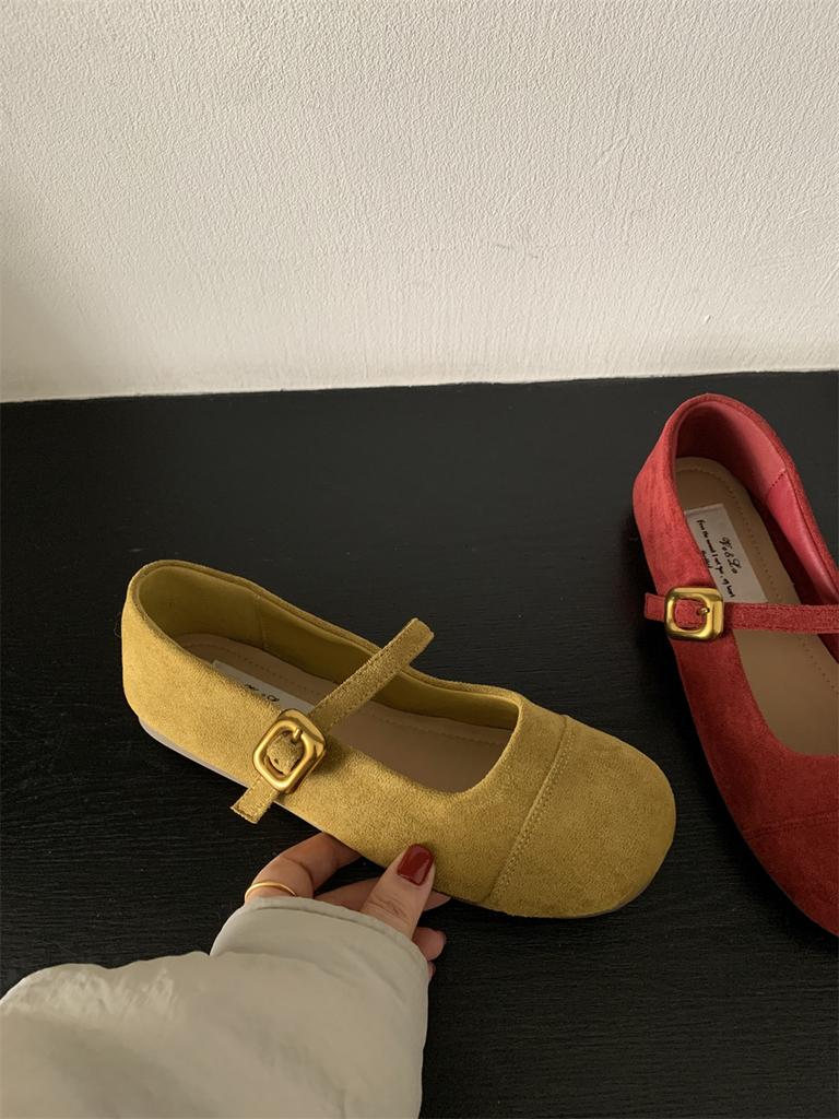 Světle červené jednoduché boty dámské jarní a podzimní nové francouzské retro jemné semišové boty Mary Jane s plochou čepicí