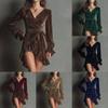 Women Velvet V Neck Tie Waist Long Sleeve Ruffle Hem Short Dress