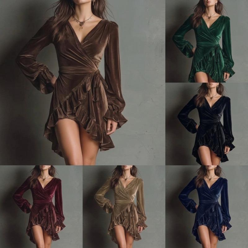 Women Velvet V Neck Tie Waist Long Sleeve Ruffle Hem Short Dress