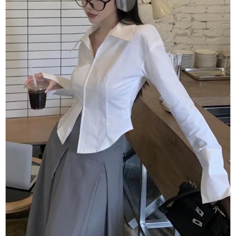 Elegant Women's White Irregular Zipper Shirt Long Sleeve Blouse Asymmetric Hem Slim Fit Short Casual Fashion Lapel Spring Autumn Tops