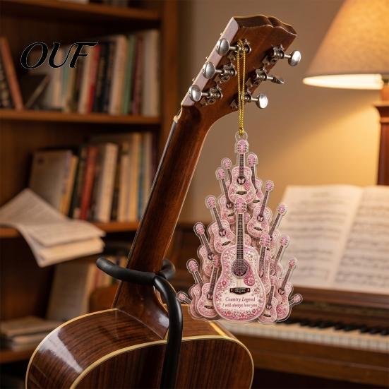 Western Cowboy Tree Decoration Guitar Hanging Ornament, 2D Flat Acrylic Pendant, or Country Music Theme, Small Gift for Musicians Hat Boots Christmas
