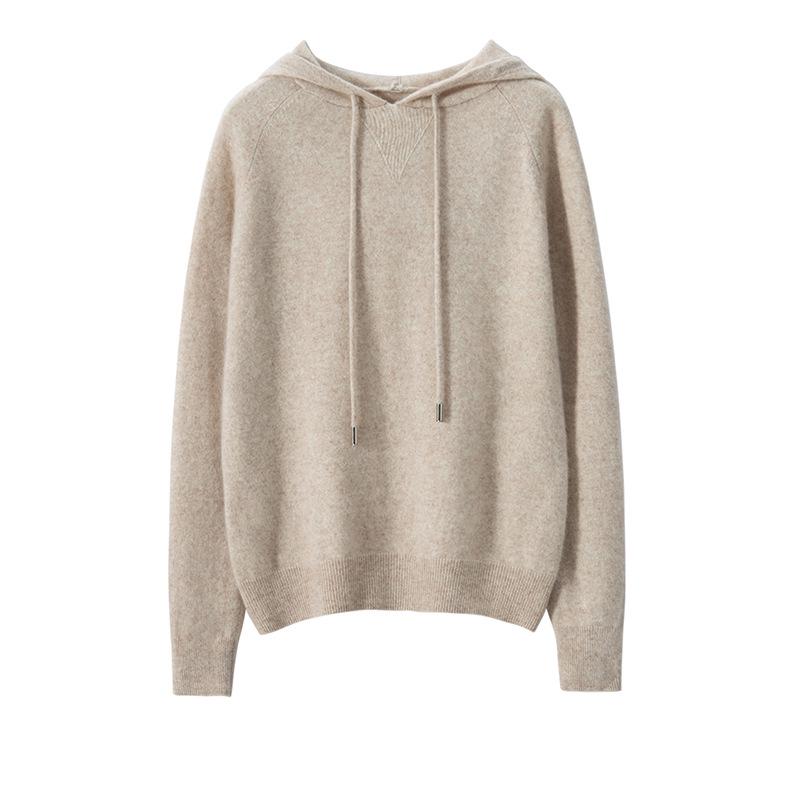 Women's Pure Cashmere Solid Color Hoodie, Warm and Thick, Loose Fit for Autumn and Winter
