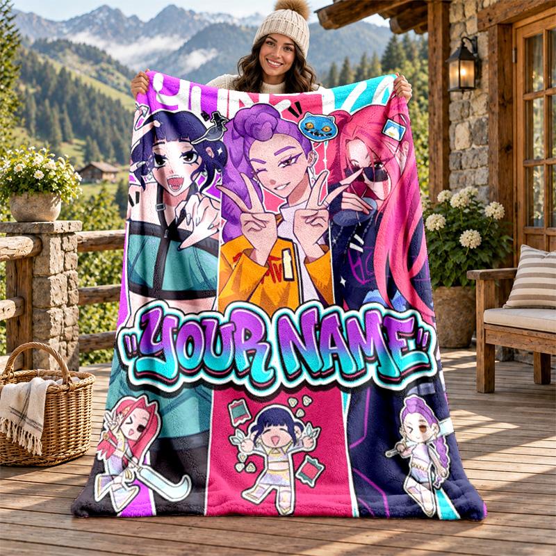 Kpop Demon Hunters Custom Name Flannel Blanket Personalized Soft Warm Plush Throw Blanket Customized Gift for Family Friends