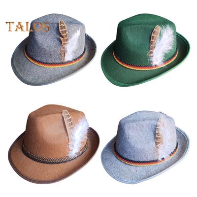 Men Fedora Retro Jazz Hat Feather And Rope Decor Curved Edge Solid Color Oktoberfest Party Festivals Holiday Bowler Cap